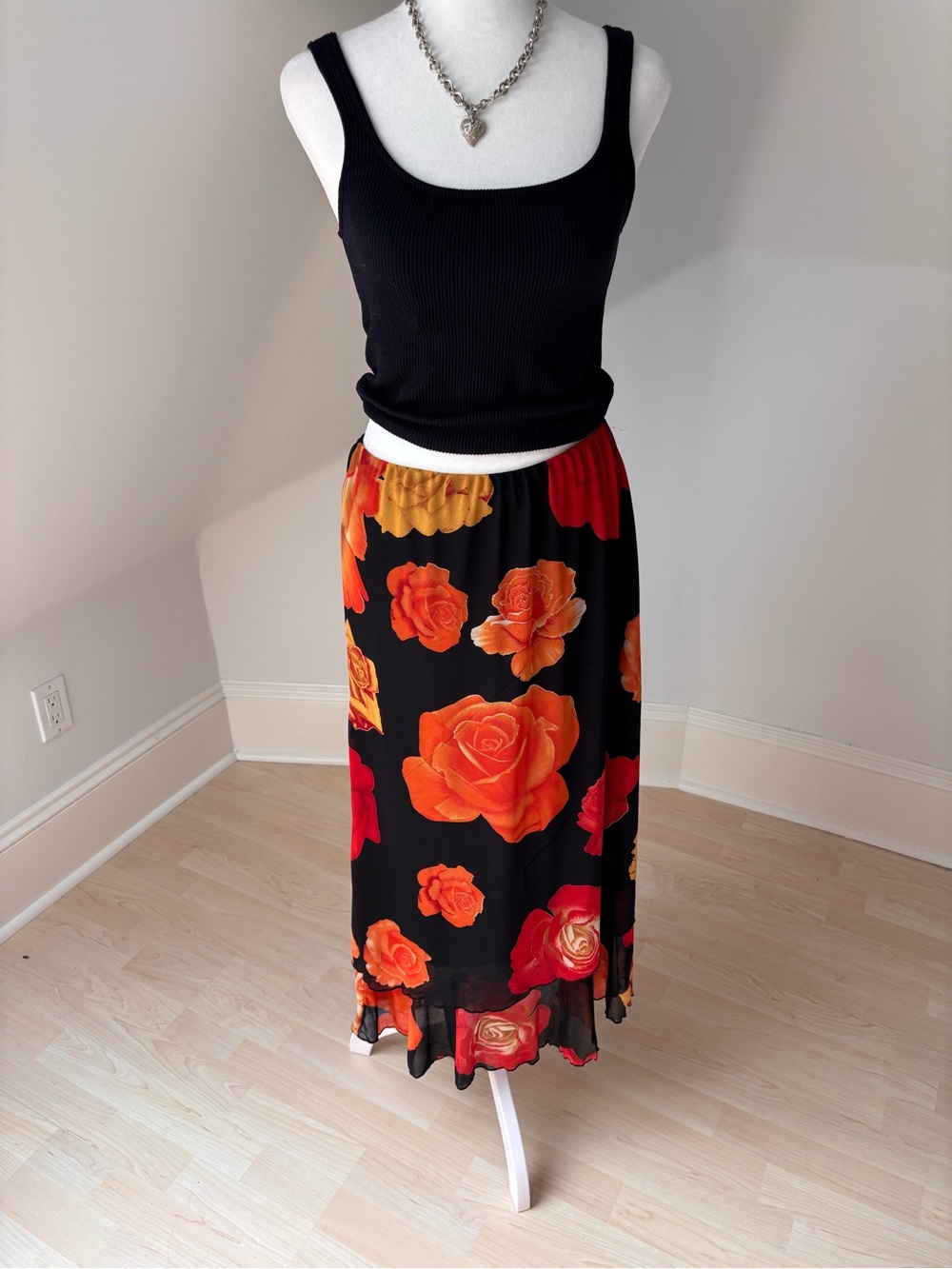 Vintage Rose Print Maxi Skirt ๐น